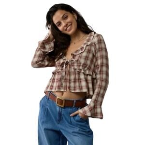 American Eagle Bell Sleeve Blouse Plaid Ruffle Tie Open Front Women's XS
